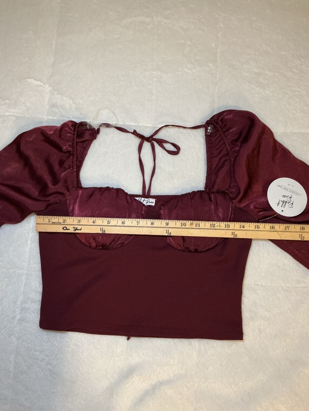 Rabbit Rose Burgundy Satin Bustier Long Sleeve Crop Top - Picture 9 of 12